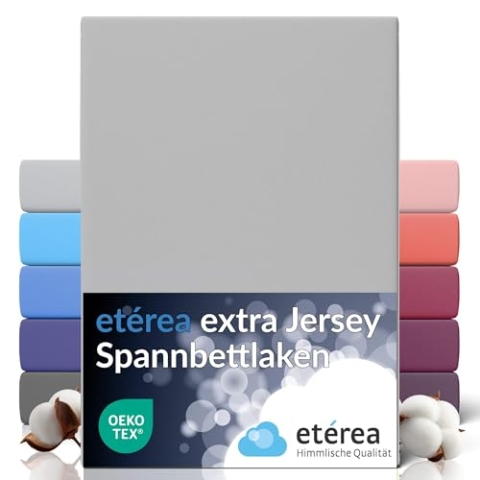 etérea Extra Jersey Spannbettlaken 240x220cm Silber bis 35 cm Höhe - 100% Baumwolle Spannbetttuch Oekotex - Bed Sheets Leintuch Bettbezug für Boxspringbetten Bettlaken 240x220 cm Silver