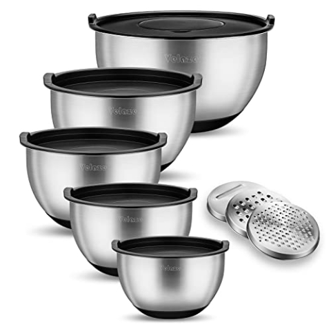 Velaze Edelstahl Schüssel Set, 5 Stück Salatschüssel mit Deckel, Rührschüssel mit 3 Reibeneinsatz, Rutschfester Silikonboden, 5L+3L+2L+1.5L+1L Verschiedene Größen für Verschiedene Bedürfnisse, VQS-5