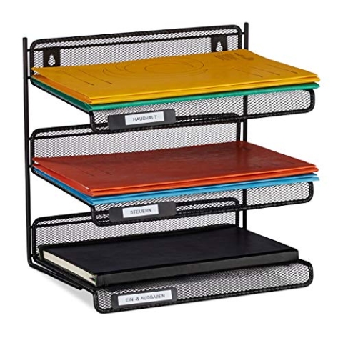 4 x Briefablage Metall, 3 Fächer zum Beschriften, A4, Büro & Arbeitszimmer, Wandmontage, HBT: 32 x 33 x 25 cm, schwarz