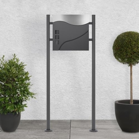ECD Germany Standbriefkasten mit Zeitungsfach, Design Briefkasten mit Pfosten, Briefkastenständer Anthrazit 120cm Postkasten Anthrazit/Silber 37x10,5x36,5cm, Edelstahl pulverbeschichtet/matt gebürstet