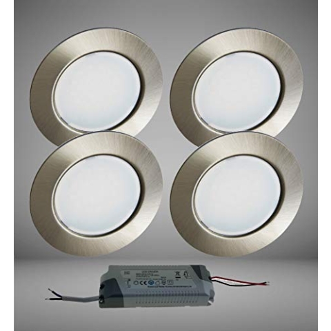 Trango 4er Set G4E-042T dimmbar LED Möbel Einbaustrahler 12Volt AC/DC inkl. 1x LED-Trafo (12 Volt AC) in Edelstahl-Optik, Deckenleuchte zum Austausch G4 Halogen Möbelleuchten, Küchenhaube-Leuchten