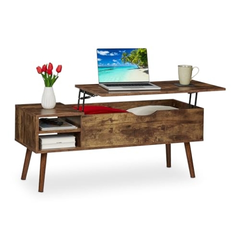 Relaxdays Couchtisch aufklappbar, 2 Seitenfächer, Wohnzimmertisch mit Stauraum, Industrial-Design, 45x108x40 cm, braun, Faserplatte, Eisen, 45 x 108 x 40 cm