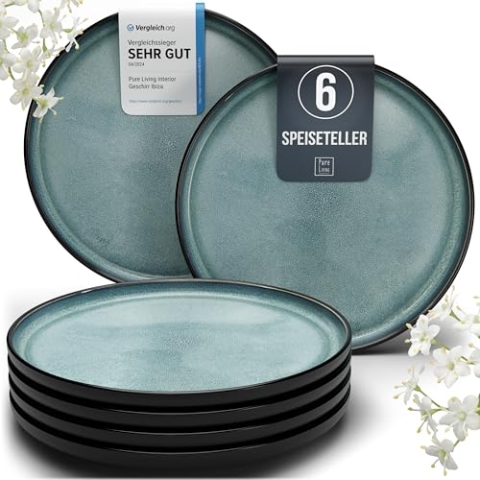 Steingut Teller groß 6 Pers. Ibiza Hochwertiges Mediterranes TEST SEHR GUT Steingut Speiseteller Set - Spülmaschinen-, Mikrowellen- und Kratzfest - Stylisches Essteller Set - Pure Living in Petrol