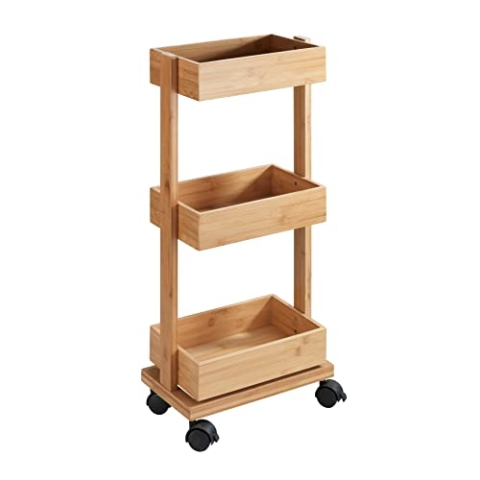 WENKO Regal Mod. Tortona, Rollregal mit 3 Ablagen, Badschrank aus Bambus, Badwagen, Rollwagen für das Bad, 18 x 71,5 x 31 cm, Natur