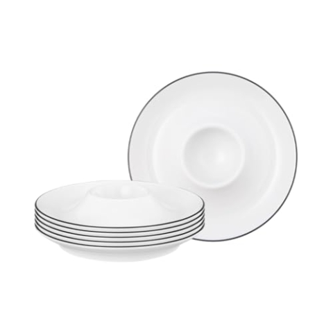 Seltmann Weiden Lido Black Line Eierbecher 6er Set, ø 12,5 cm, Eierteller mit schwarzem Rand, Porzellan, Weiß