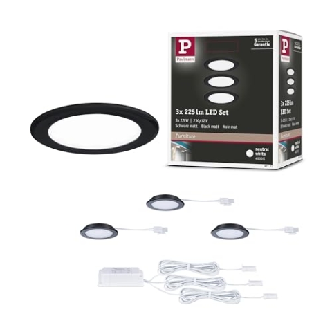 Paulmann 93122 LED Möbeleinbauleuchten 3er-Set 65mm 3x2,5W 3x180lm 230/12V 4000K Schwarz matt