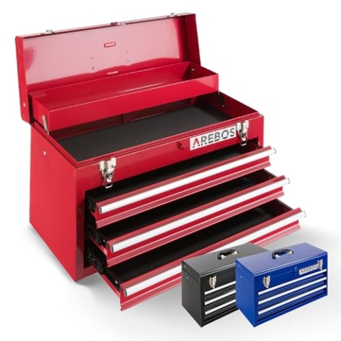 Arebos Werkzeugkoffer mit 3 Schubladen & 2 Ablagefächern 52 x 22 x 30,5 cm | Werkzeugkasten abschließbar | Werkzeugbox inkl. Tragegriff & Schnappverschlüssen | Antirutschmatten | Rot