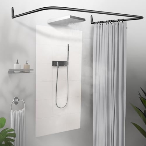 Erica Winkelstange Dusche 85x95x85 cm, Winkelstange Duschvorhang, Wandmontage ohne Deckenbefestigung, Schwarz Pulverbeschichteter Stahl, 100% Rostfrei