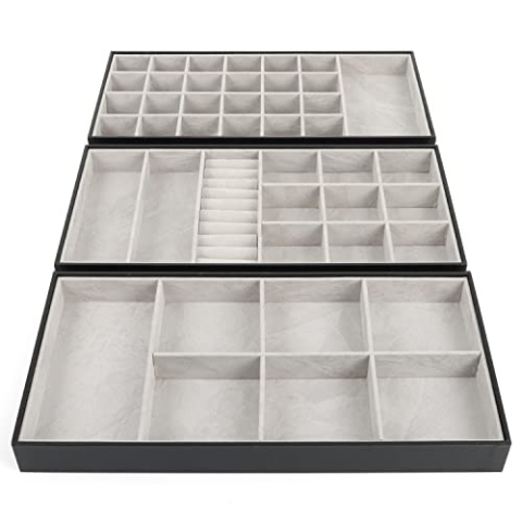BELLE VOUS 3er Pack Schmucktablett Organizer - Stapelbar Schmuckeinsatz für Schubladen - Jewelry Schubladen Organizer für Halsketten, Ringe, Armbänder, Ohrringe, Ringe & Uhren