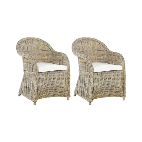 Beliani Gartensessel mit hoher Lehne Rattan natürlich 2er Set Auflagen cremeweiß Susua