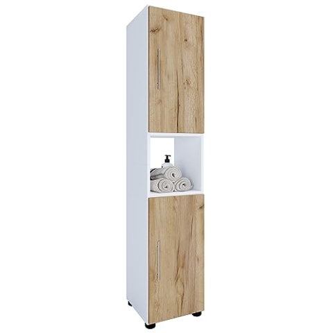 VCM Holz Badezimmerschrank | Badmöbel | Stand Badregal | Hochschrank | Maße ca. H. 153 x B. 31 x T. 30 cm - Flandu Weiß/Honig-Eiche