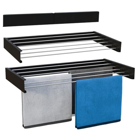 Vonia Wandtrockner Schwarz 80 x 40 cm – Wand-Wäschetrockner aus Aluminium mit 4 m Trockenlänge – klappbarer Wäscheständer zur Wandmontage
