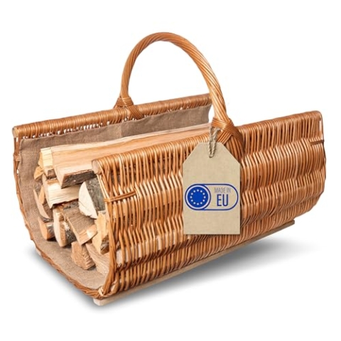 Creative Home Groß Kaminkorb Holzkorb Kaminholzkorb | 60 x 45 x 50 cm (+/-2cm) | Aufbewahrung Oval Weidenkorb für Kaminholz/Holz | Braun Dick Weide Feuerholzkorb mit Juteeinlage Holztrage Tragekorb