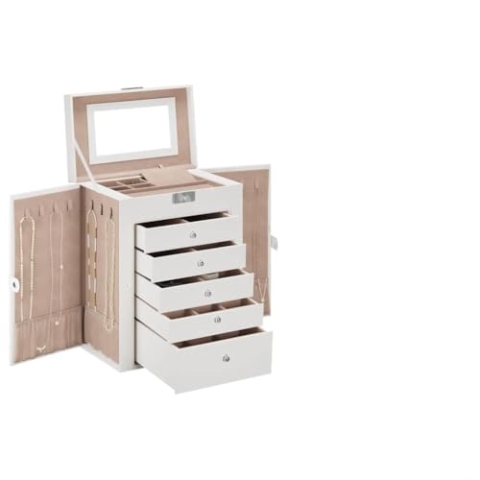 vidaXL Schmuckkästchen 6-Schichten mit Spiegel Abschließbar Weiß, Schmuckkasten, Schmuckkoffer, Schmucktruhe, Schmuckbox, Schmuckorganizer