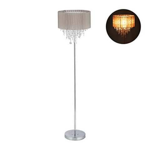 Relaxdays Stehlampe Kristall, Lampenschirm aus Organza, runder Standfuß, E27, Stehleuchte, HxD: 151,5x38 cm, grau/silber