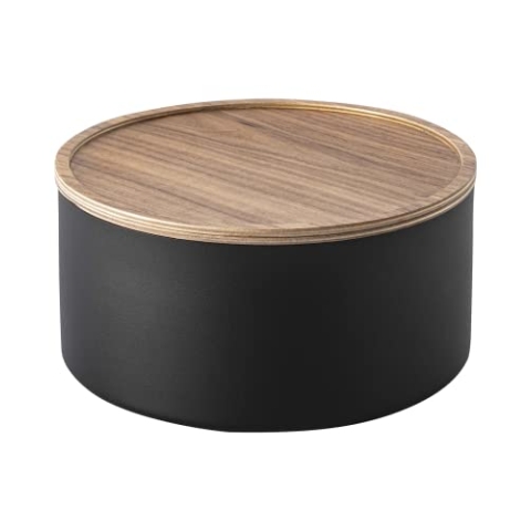 YAMAZAKI 5802 RIN Tiefe Aufbewahrungsbox mit Deckel, schwarz, Stahl/Holz, minimalistisch, 22 x 22 x 11 cm
