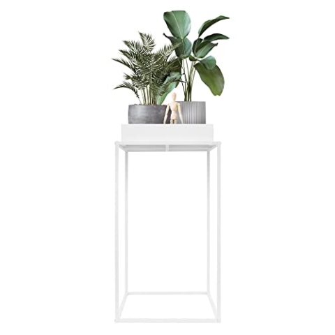 ML-Design Pflanzenständer Weiß aus Metall, 45x45x88 cm, quadratisch, stapelbar, Ablagefläche mit hohem Rand, Blumenständer mit abnehmbarem Tablett, Innen/Außen, Pflanzkasten Blumenkasten Beistelltisch