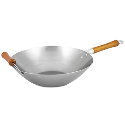 Ken Hom Carbonstahl Wokpfanne, 36cm, Excellence, Wok Induktion, Natürliche Patina Antihaftbeschichtung, Holzgriff, 5 Jahre Garantie