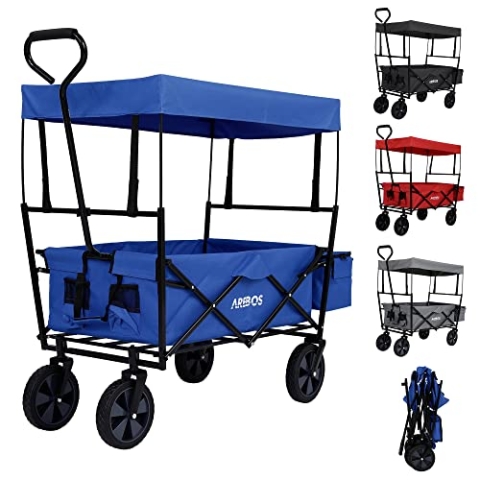 Arebos Bollerwagen faltbar mit Dach | Handwagen | Transportwagen | Faltwagen | Gerätewagen inkl. 2 Netztaschen und Einer Außentasche | faltbar | bis 70 kg Tragkraft | 360° Vollgummireifen | Blau