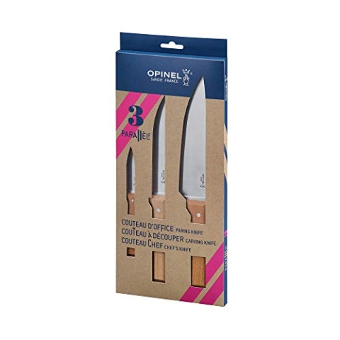 Opinel OP01838 Parallele Kochmesserset, rostfreier Sandvik-Stahl, Chef, Tranchier-und Allzweckmesser, Buchenholzgriff Messer, Mehrfarbig, One Size