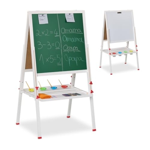 Relaxdays Kinderstandtafel, magnetische Spieltafel, höhenverstellbar, 122-160x65x69 cm, Whiteboard & Kreidetafel, weiß