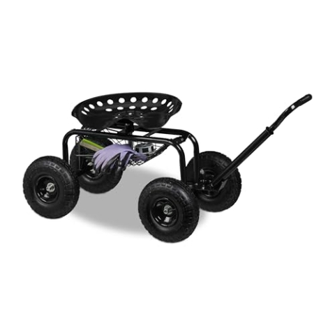 Relaxdays fahrbarer Gartensitz, höhenverstellbar, 150 kg, Stauraum, Rollsitz Gartenarbeit, Stahl, Luftreifen, schwarz