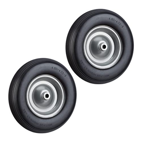 Relaxdays 2 x Schubkarrenrad Vollgummi mit Achse, 4.80 4.00-8 Gummirad im Set, pannensicher, Ersatzrad bis 100kg, schwarz-grau