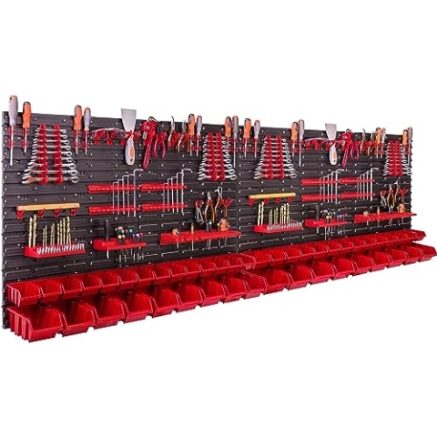Lagersystem Wandregal 230x78 cm, Werkzeughalterungen, 46 stck. Stapelboxen Schüttenregal Sichtlagerkästen, Extra Starke Wandplatten, Regal Erweiterbar, Werkstattregal Lagerregal Werkstattwandregal St