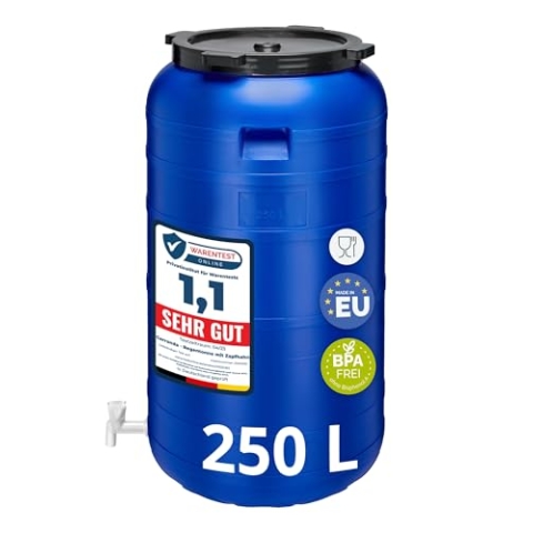 Garronda 250 Liter Weithalsfass BPA-frei Futtertonne Fass mit Hahn Universalfass Lebensmittel Fass Regenfass für Garten Regentonne mit Deckel Regenwassertonne für Garten Wassertonne GD-0092, Blau