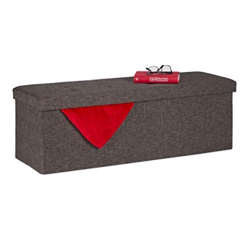 Relaxdays Sitzbank, mit Stauraum, faltbar, gepolstert, mit Trennwand, 130 l, Flur, Schlafzimmer, Truhenbank, braun-grau