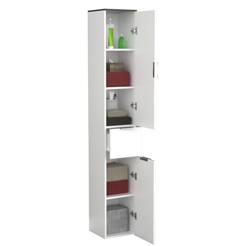 VCM Holz Badezimmerschrank | Badmöbel |Stand Badschrank | Hochschrank | Maße ca. H. 190 x B. 30 x T. 30 cm - Donali Weiß/Schwarz