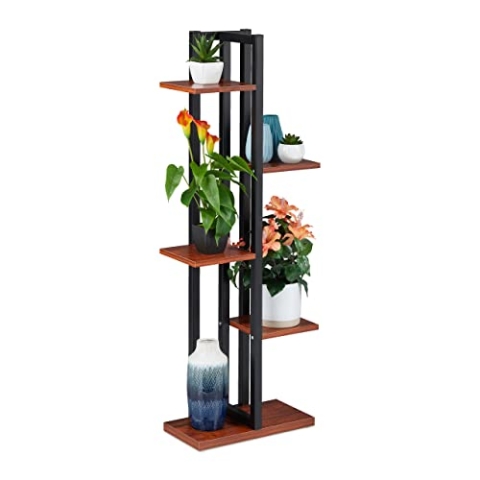 Relaxdays Pflanzenregal, Blumentreppe mit 5 Ablagen, HBT 117 x 43 x 22 cm, Stahl u. MDF, Blumenregal innen, Dunkelbraun