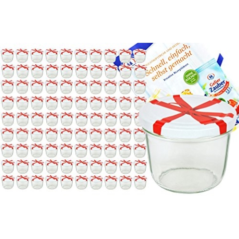 MamboCat 100er Set Sturzglas 230 ml To 82 weißer Deckel mit Schleifendekor incl. Diamant Gelierzauber Rezeptheft Marmeladenglas Einmachglas Einweckglas