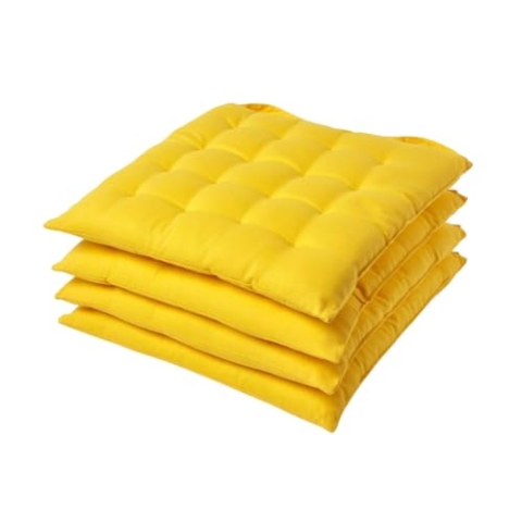 Homescapes 4er Set Stuhlkissen 40 x 40 cm, gelb, Sitzkissen mit Bändern und Knopfverschluss, einfarbige Auflagen für Stühle mit Bezug aus 100% Baumwolle und weicher Polyester-Füllung
