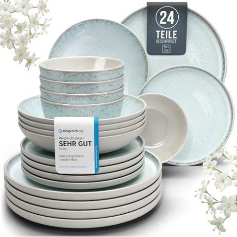 Steingut Geschirrset 6 Pers. Ibiza 24-tlg Hochwertiges Mediterranes TEST SEHR GUT Steingut Geschirr Set - Schüssel- und Teller Set - Kombiservice 6 Personen Geschirrsets Pure Living in Blau-Beige