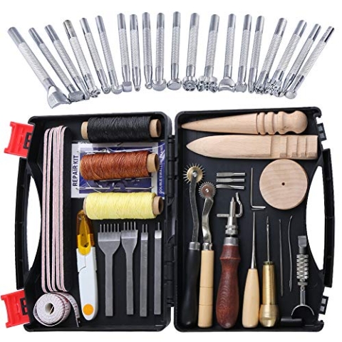 50 Stücke Leder Werkzeuge und Zubehör Set, Leder DIY Set, Leder Werkzeug Set mit Aufbewahrungsbox, Leder Groover Leder Stempel Perfekt für Leder Handwerk Nähen Schneiden DIY