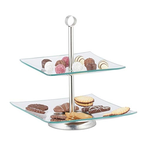 Relaxdays 10 x Etagere, 2 stöckig, eckig, Cupcake, Kekse, Obst, Muffin, Servierständer, Glas, Edelstahl, Silber/transparent