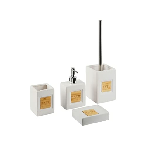 Badezimmer Set beige/Heller Holzfarbton 4-teilig Dolomit mit Aufschrift Kourou