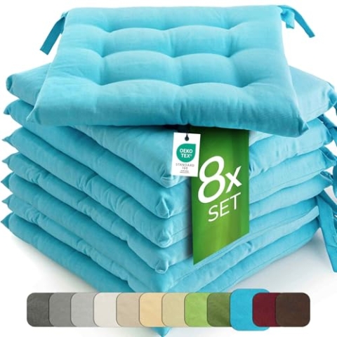 etérea 8er Set Sitzkissen Outdoor 40x40 mit Bändern - Stuhlkissen Türkis für Gartenstuhl & Innenbereich - waschbare Sitzauflagen Gartenmöbel - 8 Stück Kissen 40x40 cm - Türkis
