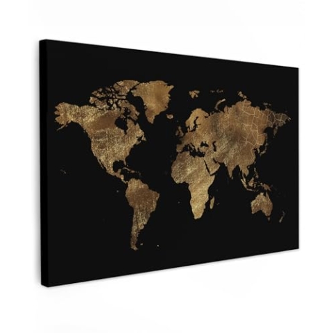 MuchoWow Leinwand Bilder, Einzigartige Wanddeko mit Rahmen, Weltkarte - Gold - Luxus - Erde - Schwarz, Wandbilder Wohnzimmer, Deko Schlafzimmer 90x60 cm
