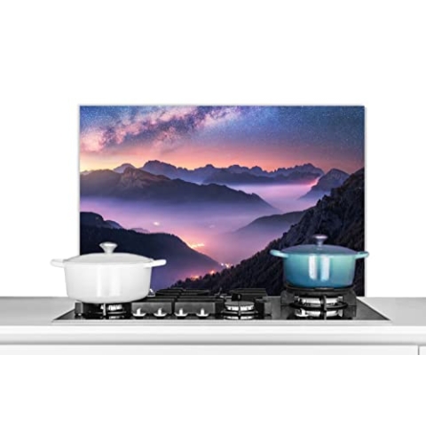 MuchoWow Spritzschutz Küche Küchenrückwand Alu Poster Bilder 90x60 cm Berge - Sternenhimmel - Nebel