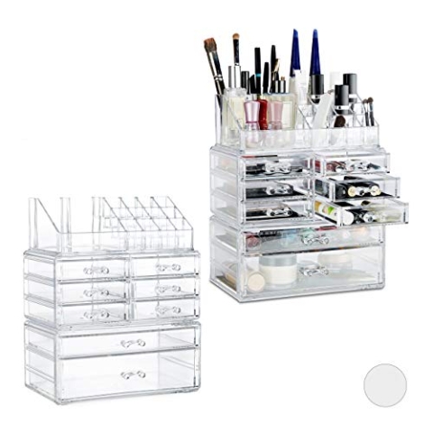 Relaxdays 2 x Make Up Organizer mit Schubladen, stapelbares Kosmetikregal für Schmuck & Make Up, Schminkaufbewahrung, transparent
