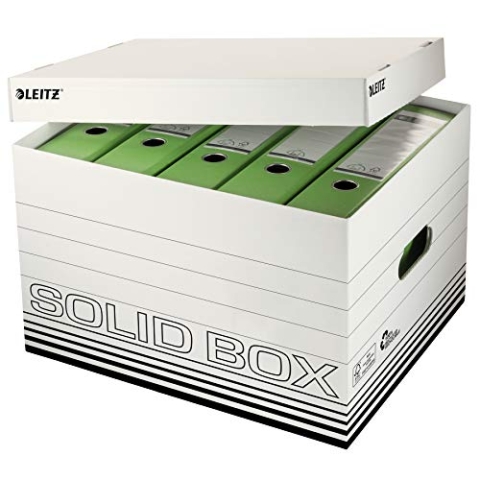 Leitz Solid Box Aufbewahrungs- und Transport-Schachtel, Größe L, Schachtel für Leitz A4 Archivbox oder A4 Ordner, Transportbox mit Deckel, 100 % geriffelter Recyclingkarton, 10 Stück, Weiß, 61190001
