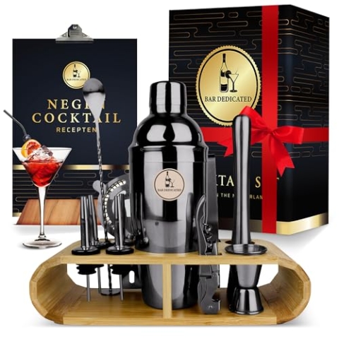 Bar Dedicated Cocktail Shaker Set 16 Piece - Cocktail Set with Bamboo Stand - Recipe Booklet (750ml) (Black)