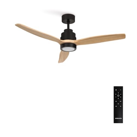 CREATE / WINDSTYLANCE/Deckenventilator mit Beleuchtung Schwarz Naturholzflügel mit Fernbedienung / 40W, Leise, Ø132 cm, 6 Geschwindigkeiten, Timer, Sommer-Winterbetrieb, doppelte Höhe, DC-Motor