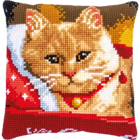 Vervaco Kreuzstich Stickpackungen Kissen Stickerei Set Anfänger Vorgedruckt Katze DIY Set Kreativ Set Für Erwachsene Dekoratives Kissen ca. 40 x 40 cm Bastelset Handwerker Haus Dekoration