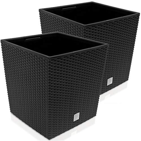 Deuba® 2X Blumentopf 35L 32x32x33cm Rato Low Innentopf Mit Griffen Wetterfest Rattanoptik Pflanzkasten Übertopf Pflanzkübel Blumenkasten Quadratisch Anthrazit