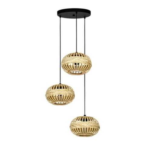 EGLO Pendellampe Amsfield 1, 3-flammige Pendelleuchte über Esstisch, Hängeleuchte aus Metall in Schwarz und Bambus in Braun, Holz Hängelampe mit E27 Fassung, Ø 48 cm