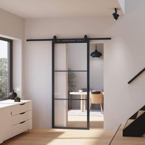 inova Glas-Schiebetür Komplettset klar 880x2035mm Industriestil schwarz offene Laufschiene beidseitiger Softclose