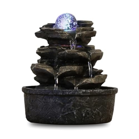 Zen'Light - Zimmerbrunnen Little Rock - Naturwasserfall mit Steineffekt und farbigem LED-Licht - Zen Tischdekoration Ideal für Meditation und Entspannung - Feng-Shui-Objekt Glück - H 23cm